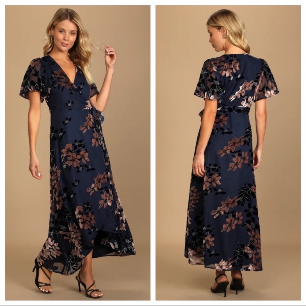 Lulus Bistro Dates Navy Blue Burnout Velvet Jacquard Wrap Maxi Dress